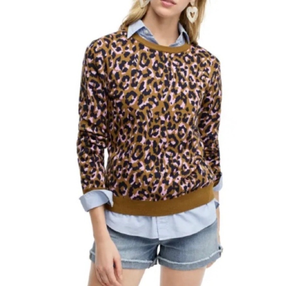 New J Crew Leopard Print Mod‎ Crewneck Sweater Knit Top Brown Pink Black XXS